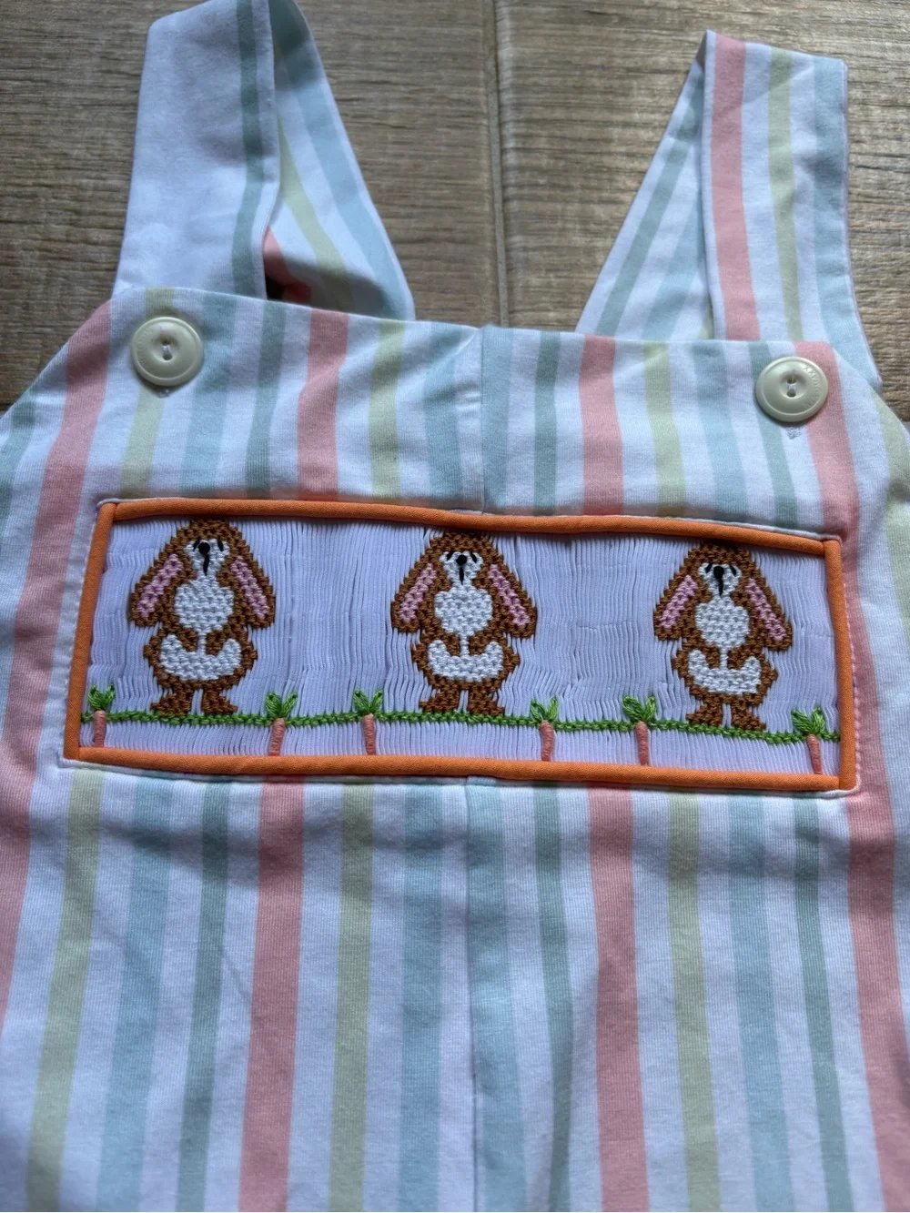 Striped Pastel Bunny Smocked Shortalls - Pink, Green & White